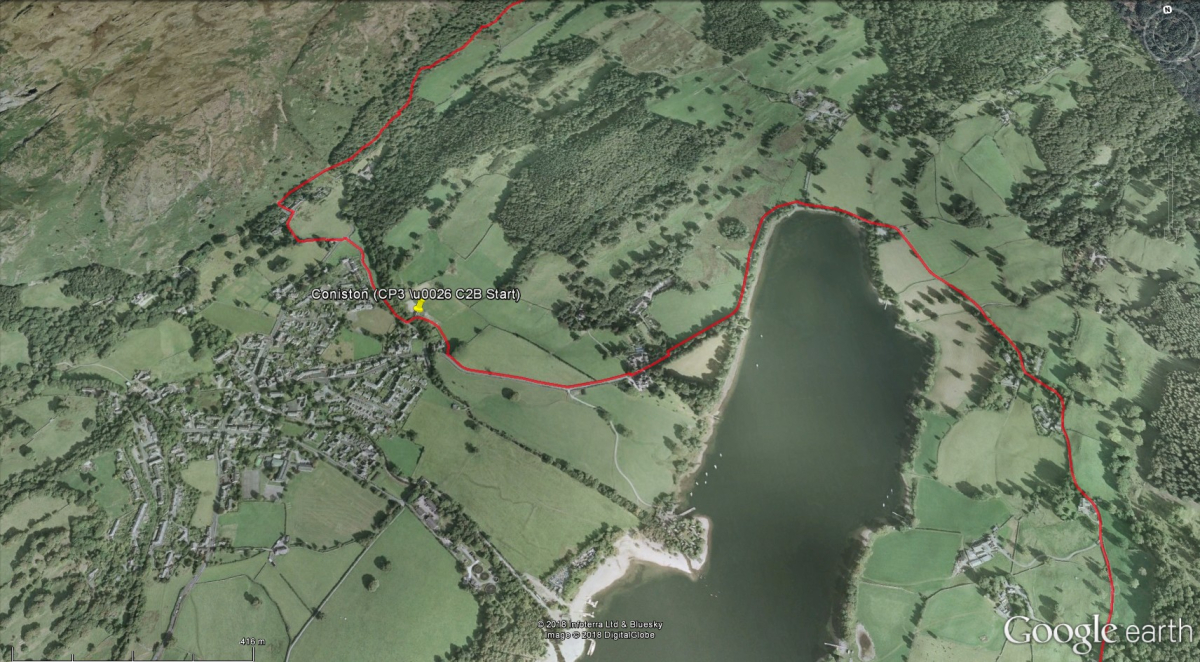 Aerial photograph of C2B start with route marked in red