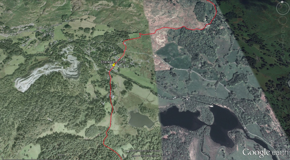 Aerial photograph of Elterwater with route marked in red