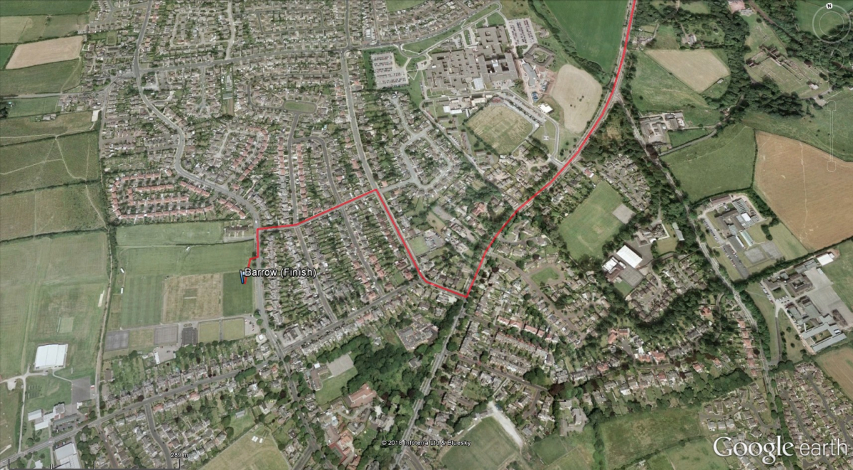 Aerial photograph of Hawcoat Park with route marked in red
