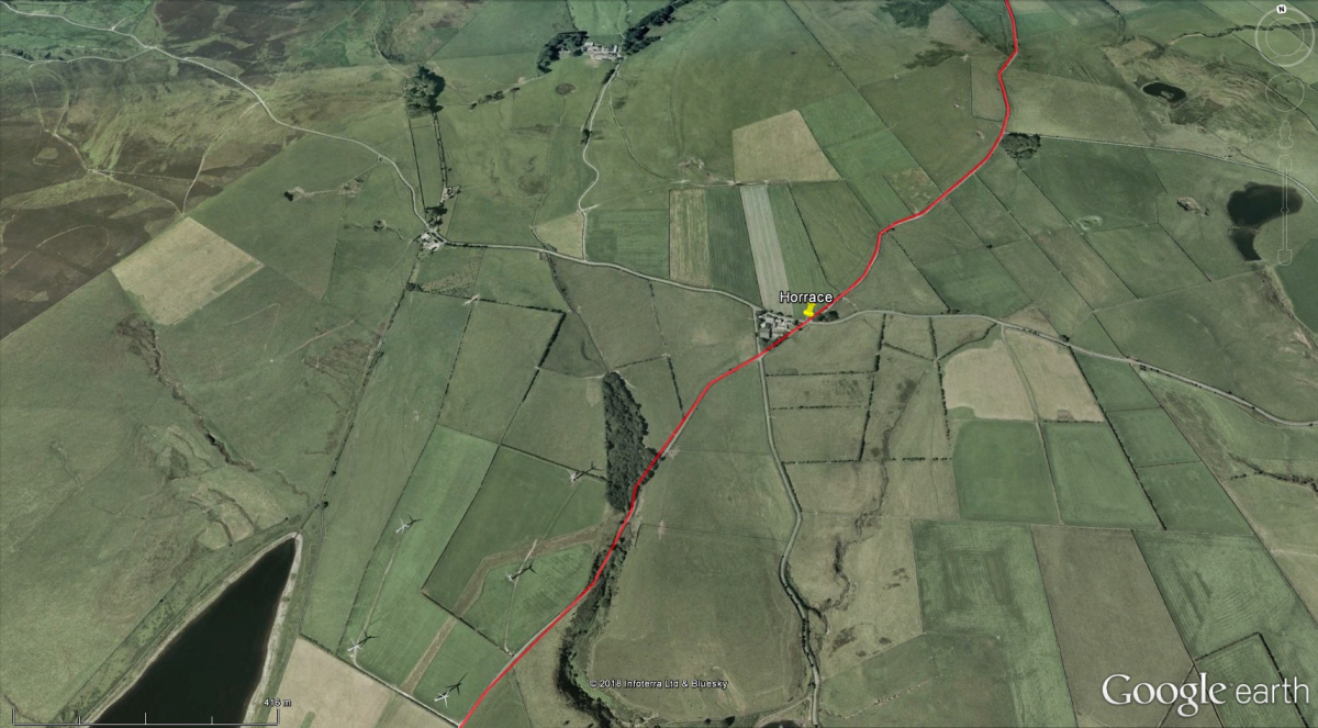 Aerial photograph of Horrace with route marked in red