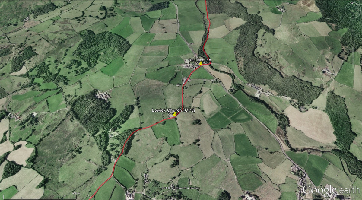 Aerial photograph of Lowick Bridge with route marked in red