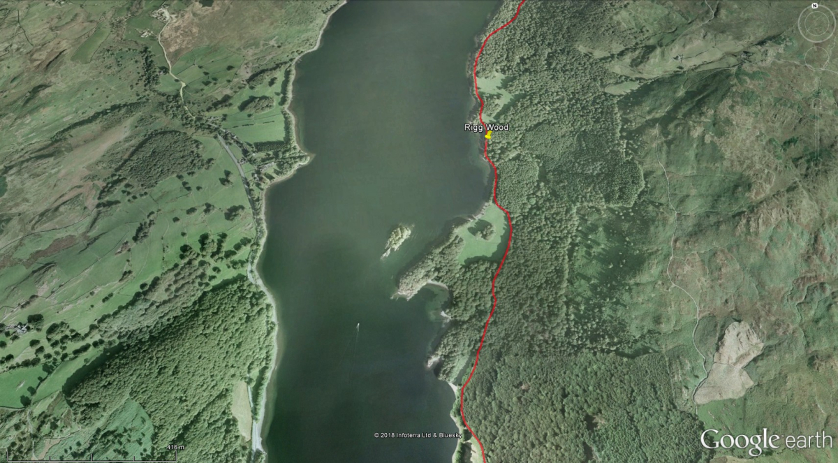 Aerial photograph of Rigg wood with route marked in red