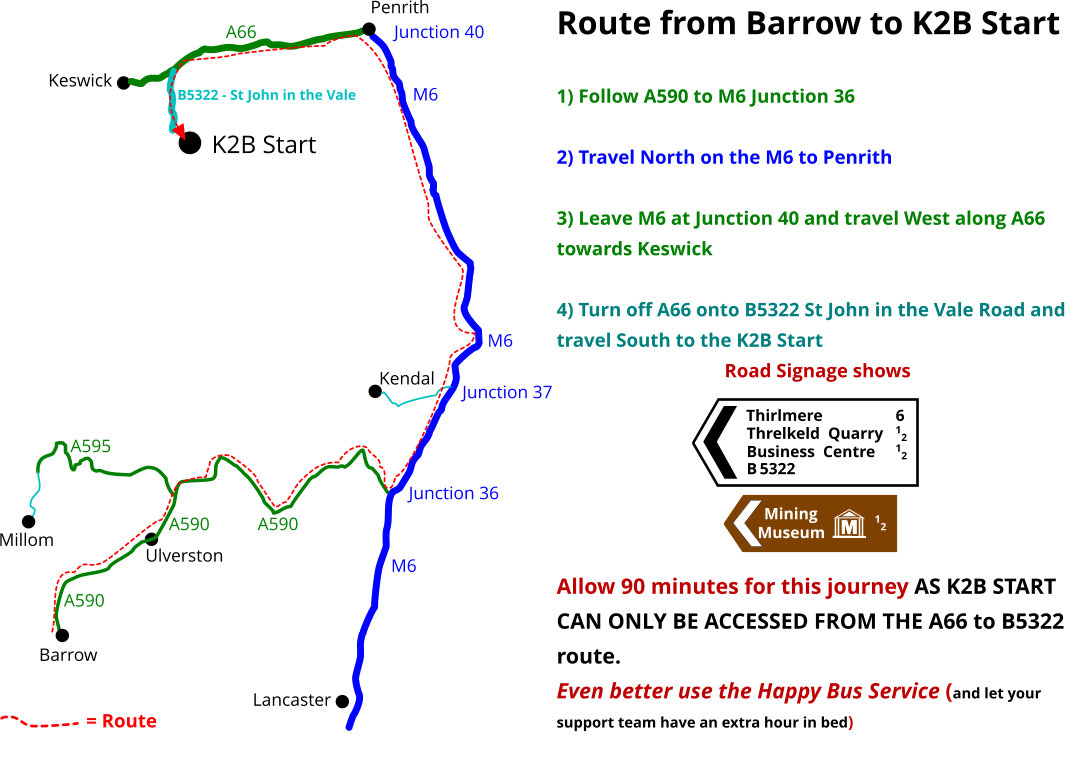 Map and directions to the vehicle start of the K2B walk
